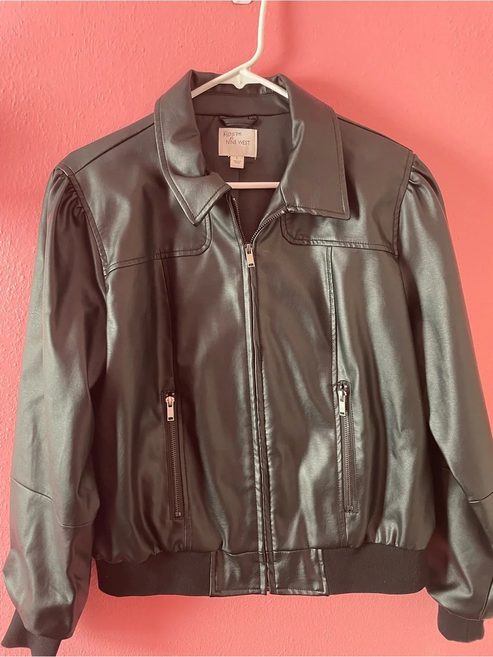 Nine West Black Faux Leather Bomber Jacket with Zip Pockets L
